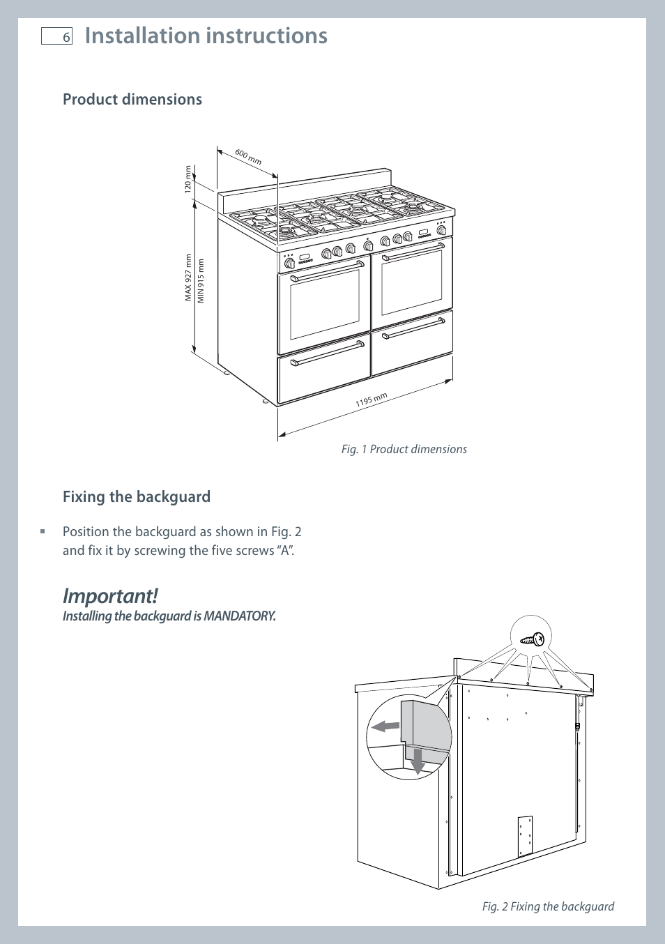 Installation instructions, Important, Fixing the backguard | Product dimensions | Fisher & Paykel OR120 User Manual | Page 8 / 52