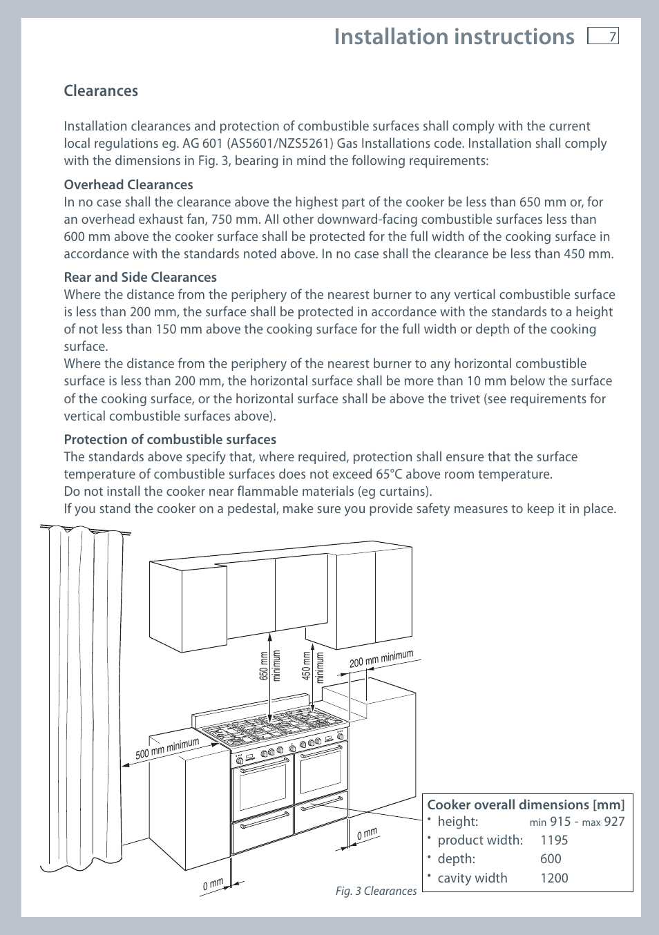 Installation instructions, Clearances | Fisher & Paykel OR120 User Manual | Page 9 / 52