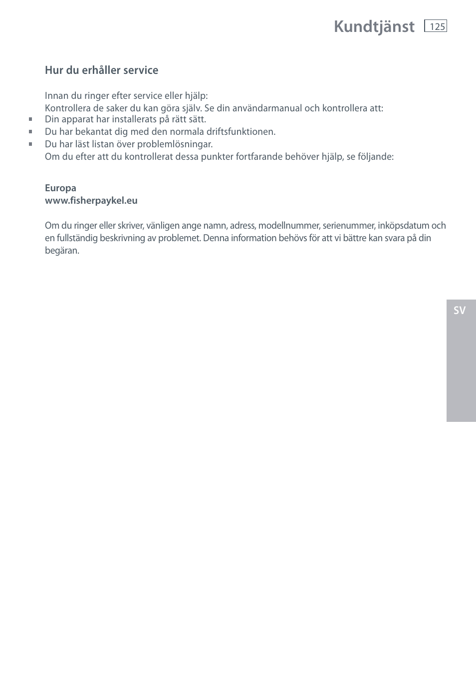 Kundtjänst | Fisher & Paykel E442B User Manual | Page 127 / 384