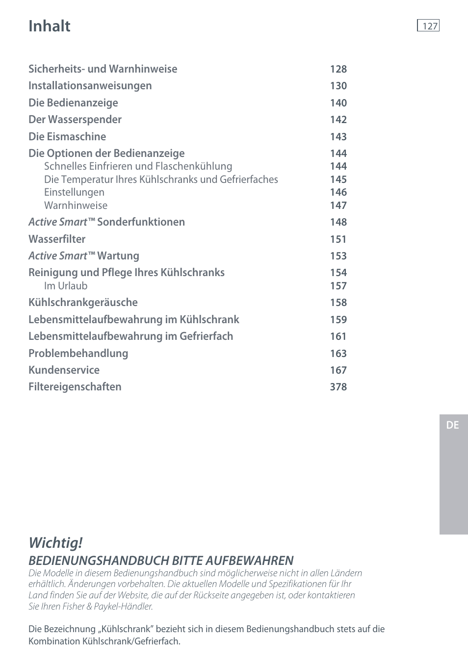 Inhalt, Wichtig, Bedienungshandbuch bitte aufbewahren | Fisher & Paykel E442B User Manual | Page 129 / 384