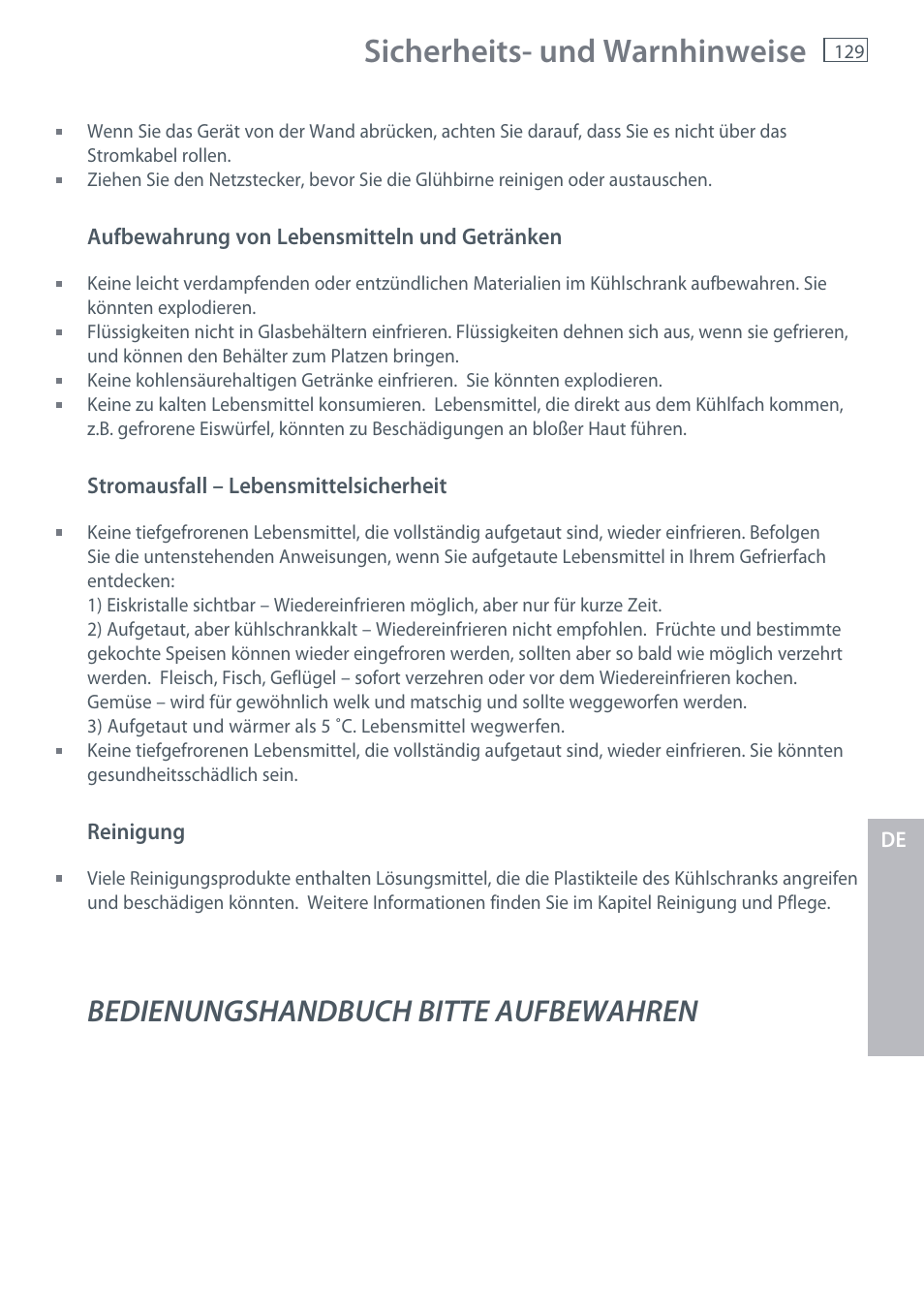 Sicherheits- und warnhinweise, Bedienungshandbuch bitte aufbewahren | Fisher & Paykel E442B User Manual | Page 131 / 384