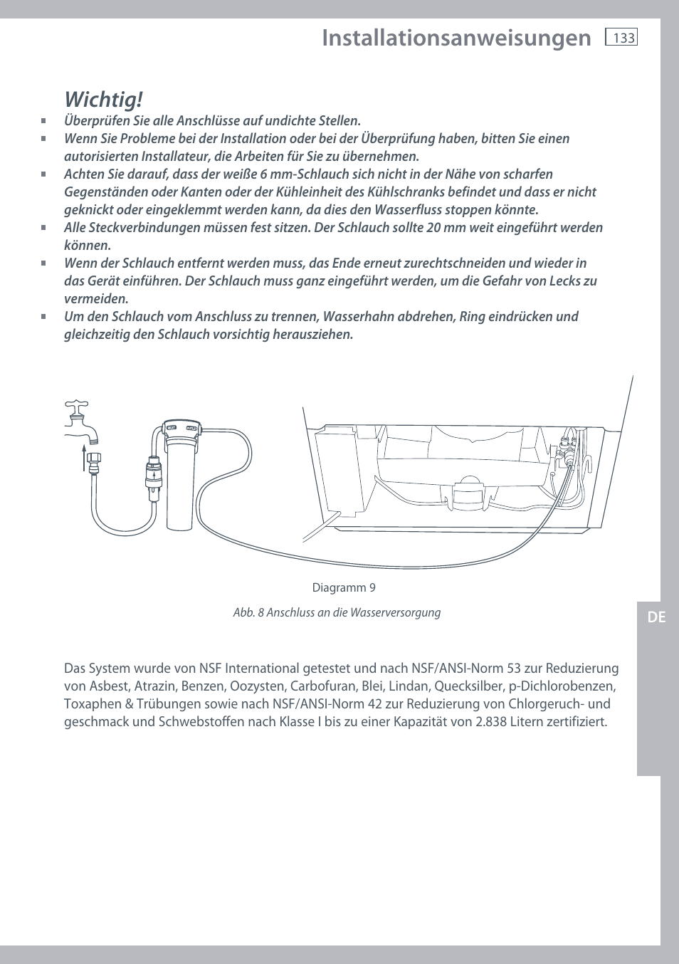Installationsanweisungen, Wichtig | Fisher & Paykel E442B User Manual | Page 135 / 384