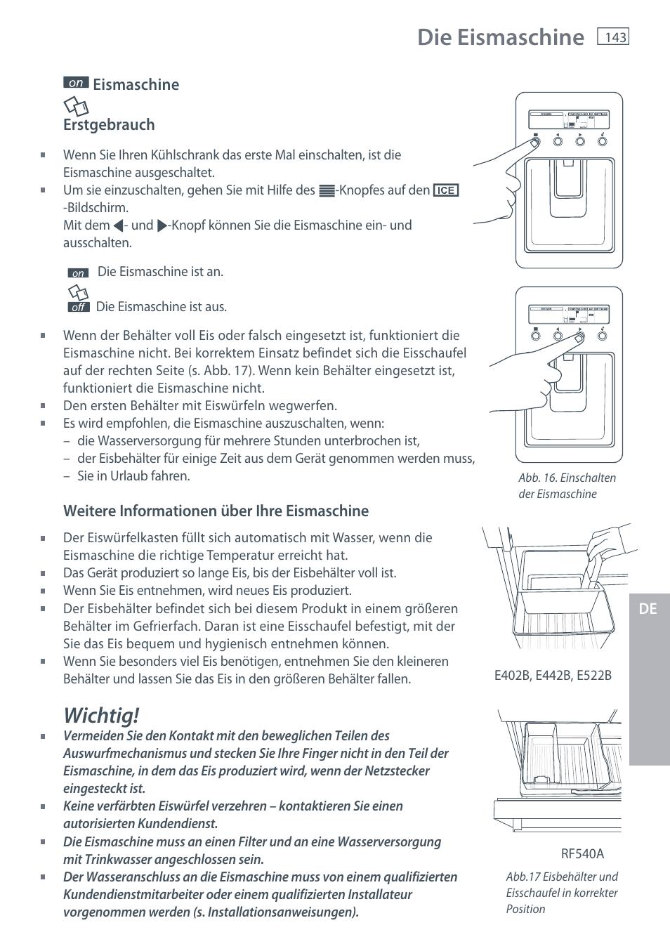 Die eismaschine, Wichtig | Fisher & Paykel E442B User Manual | Page 145 / 384