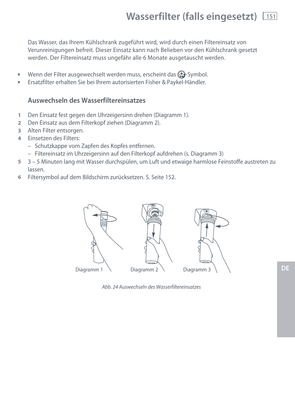Wasserfilter (falls eingesetzt) | Fisher & Paykel E442B User Manual | Page 153 / 384