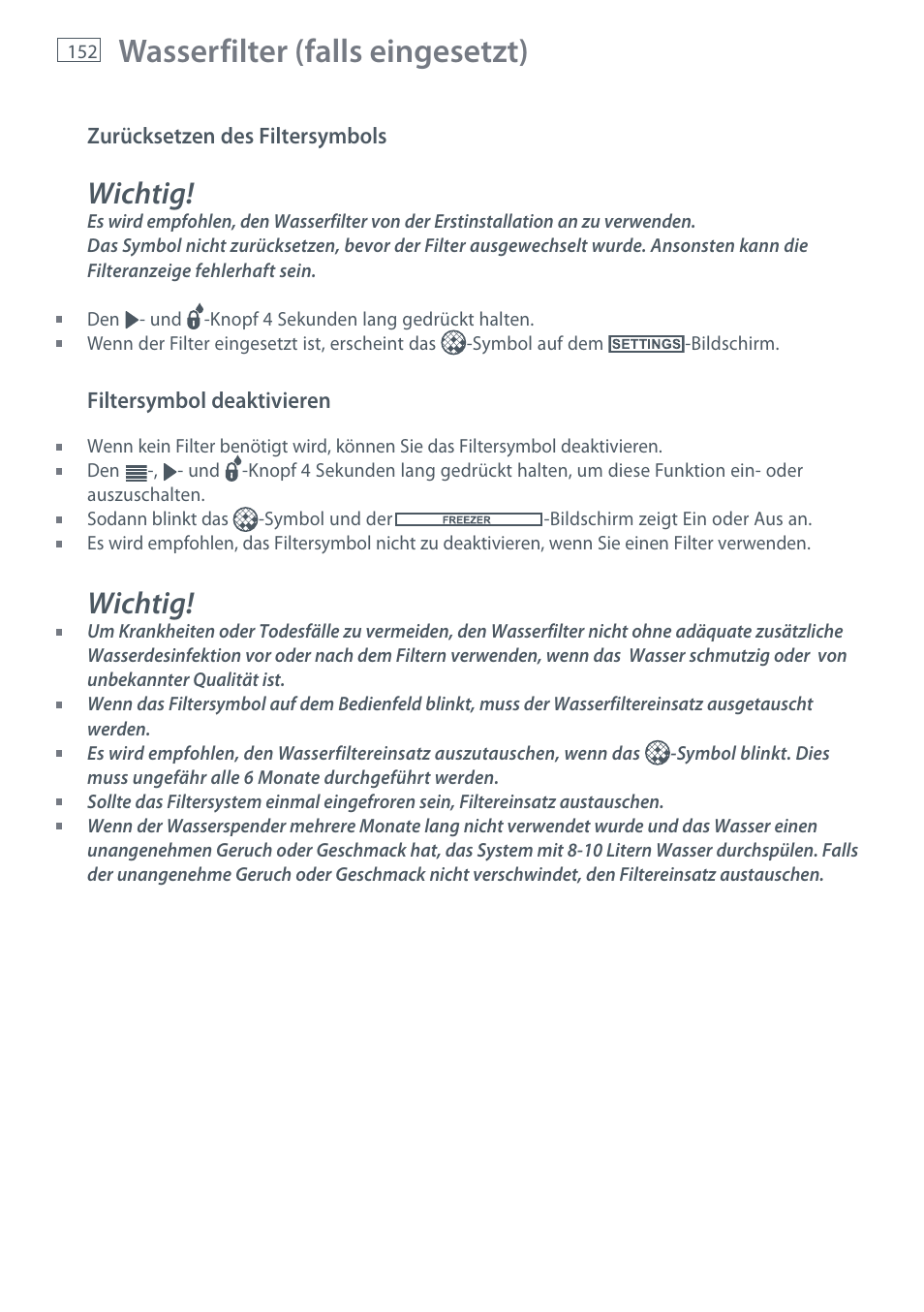 Wasserfilter (falls eingesetzt), Wichtig | Fisher & Paykel E442B User Manual | Page 154 / 384