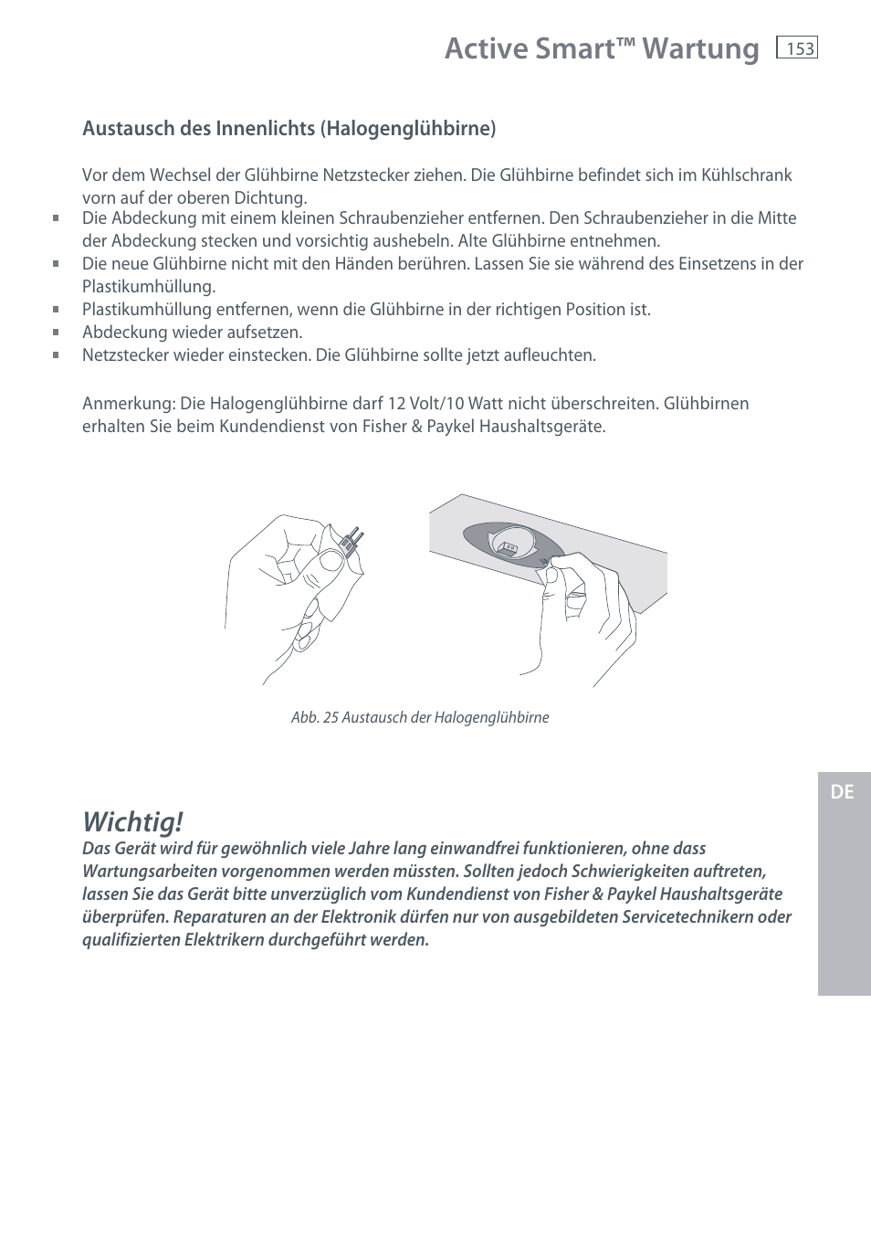 Active smart™ wartung, Wichtig | Fisher & Paykel E442B User Manual | Page 155 / 384