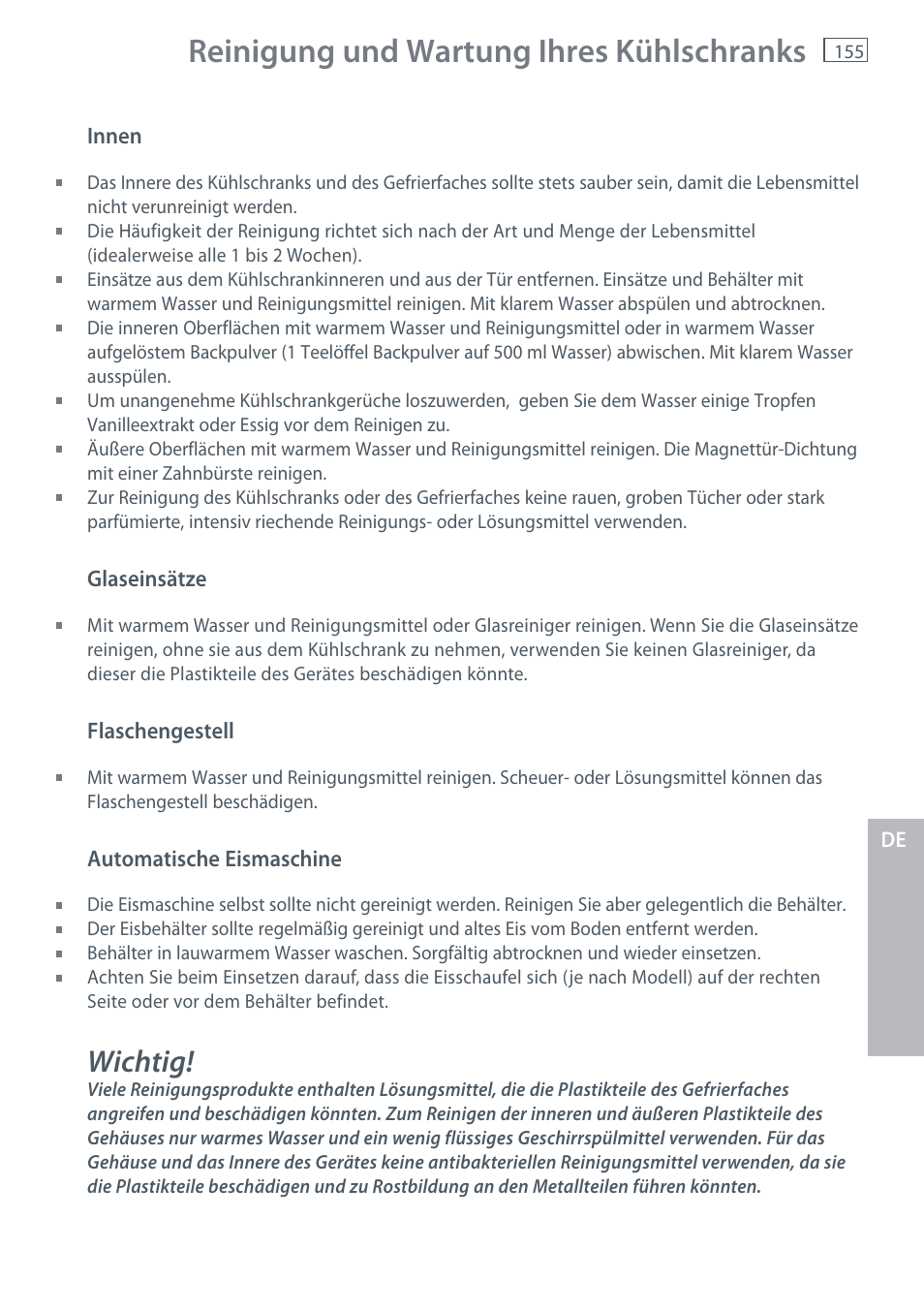 Reinigung und wartung ihres kühlschranks, Wichtig | Fisher & Paykel E442B User Manual | Page 157 / 384