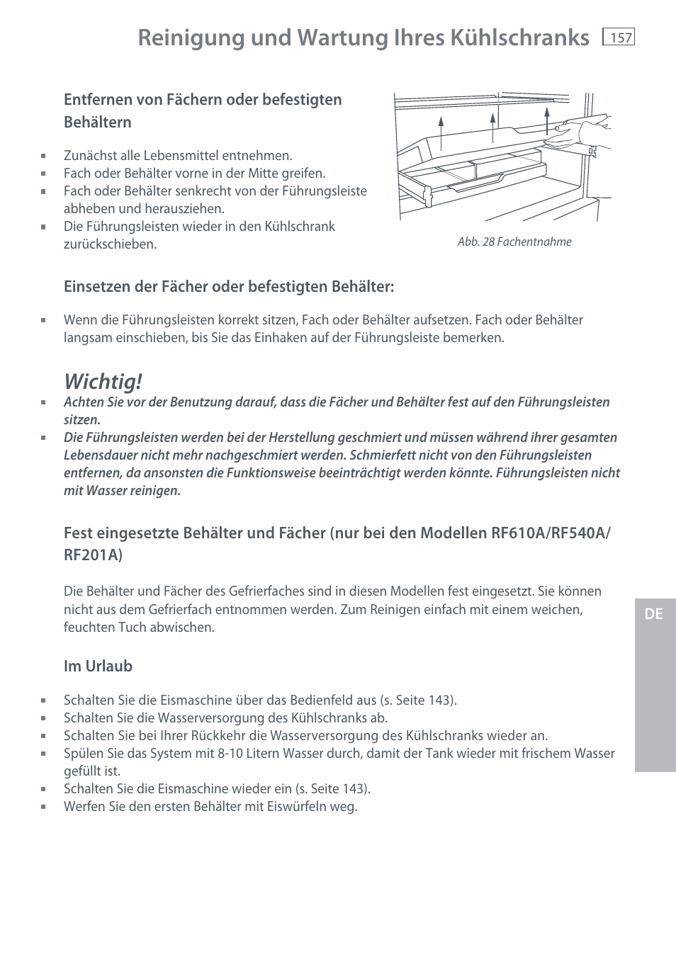 Reinigung und wartung ihres kühlschranks, Wichtig | Fisher & Paykel E442B User Manual | Page 159 / 384