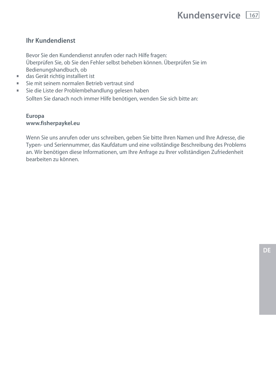 Kundenservice | Fisher & Paykel E442B User Manual | Page 169 / 384