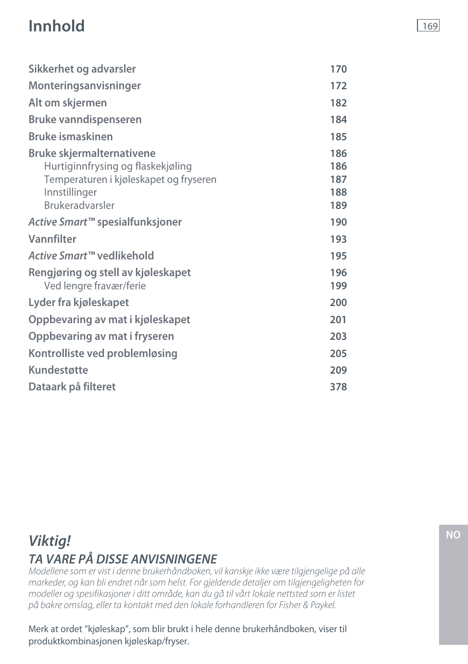 Innhold, Viktig, Ta vare på disse anvisningene | Fisher & Paykel E442B User Manual | Page 171 / 384