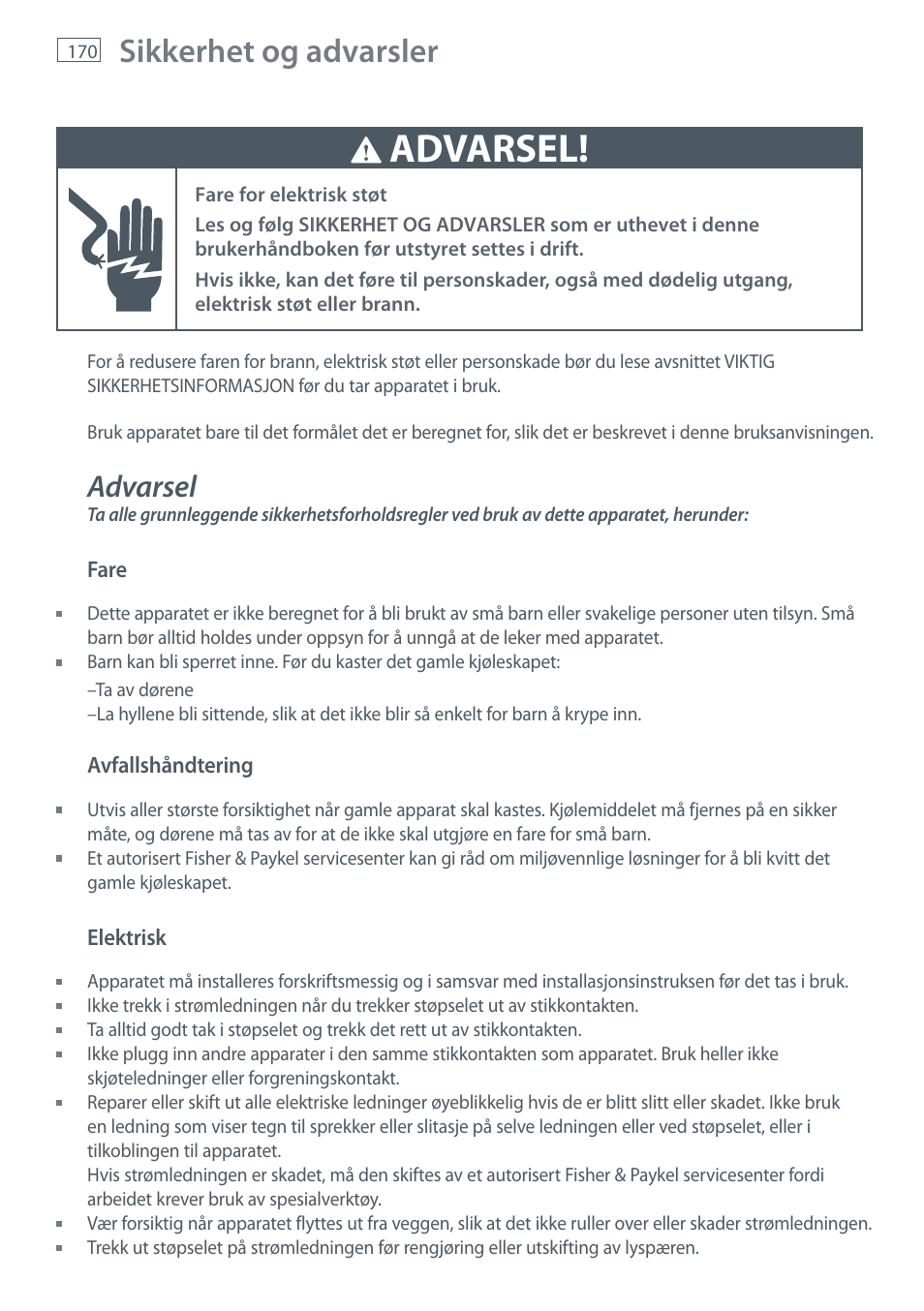 Advarsel, Sikkerhet og advarsler | Fisher & Paykel E442B User Manual | Page 172 / 384