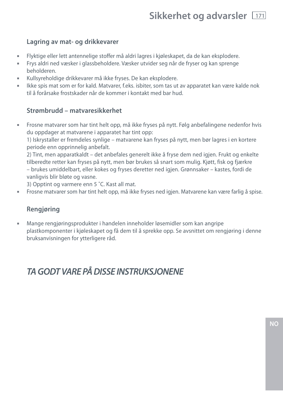 Sikkerhet og advarsler, Ta godt vare på disse instruksjonene | Fisher & Paykel E442B User Manual | Page 173 / 384