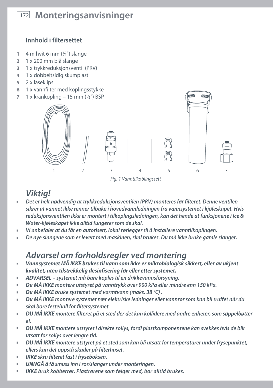 Monteringsanvisninger, Viktig, Advarsel om forholdsregler ved montering | Fisher & Paykel E442B User Manual | Page 174 / 384
