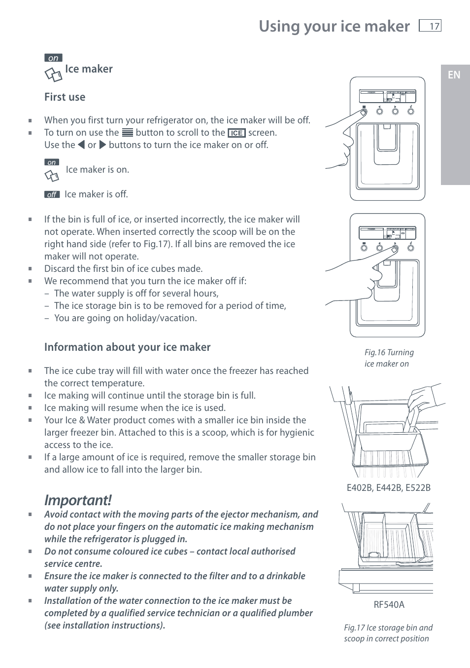 Using your ice maker, Important | Fisher & Paykel E442B User Manual | Page 19 / 384