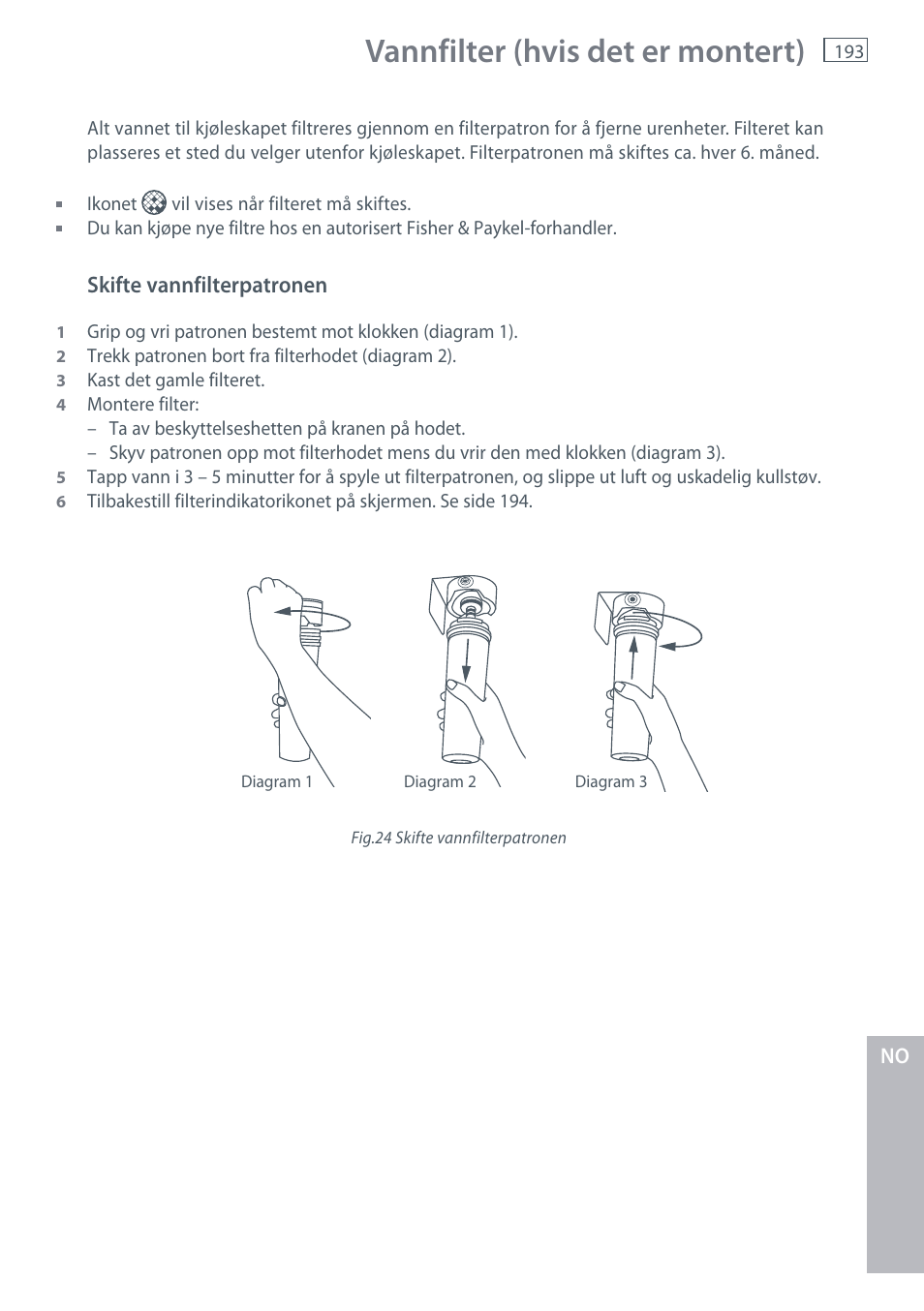 Vannfilter (hvis det er montert) | Fisher & Paykel E442B User Manual | Page 195 / 384