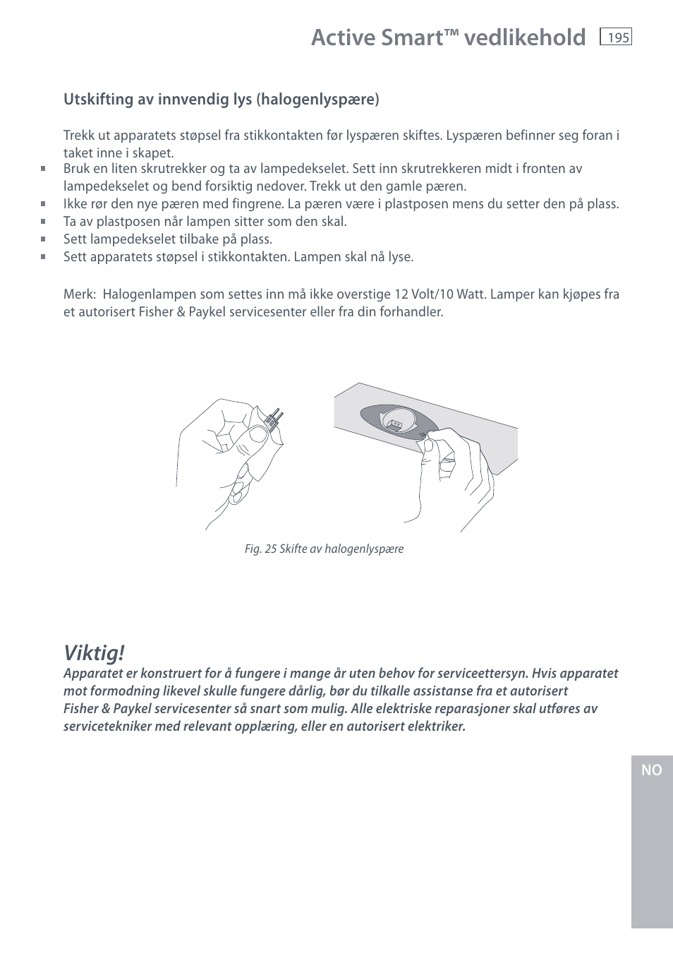 Active smart™ vedlikehold, Viktig | Fisher & Paykel E442B User Manual | Page 197 / 384