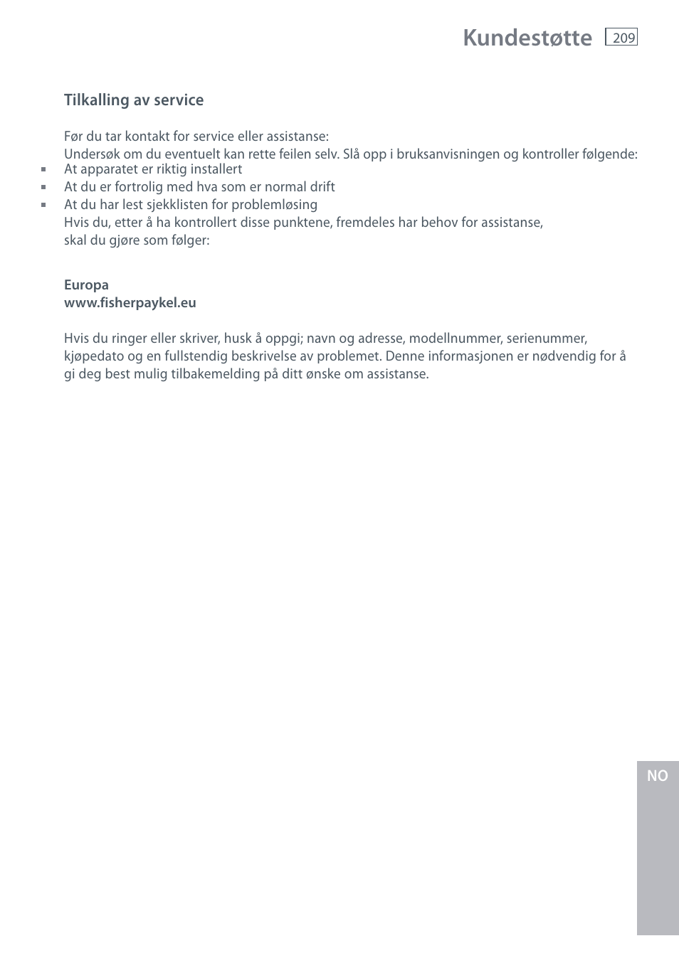 Kundestøtte | Fisher & Paykel E442B User Manual | Page 211 / 384