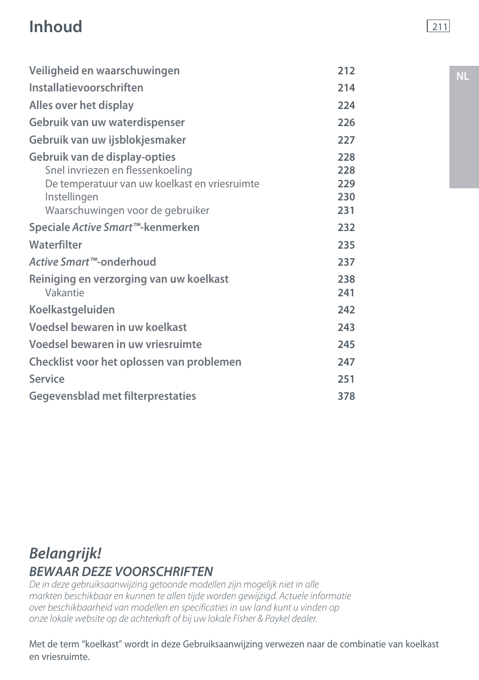 Inhoud, Belangrijk, Bewaar deze voorschriften | Fisher & Paykel E442B User Manual | Page 213 / 384