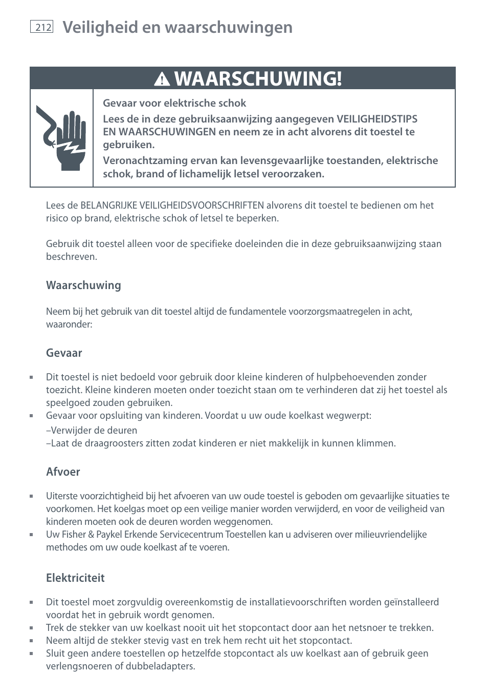 Waarschuwing, Veiligheid en waarschuwingen | Fisher & Paykel E442B User Manual | Page 214 / 384