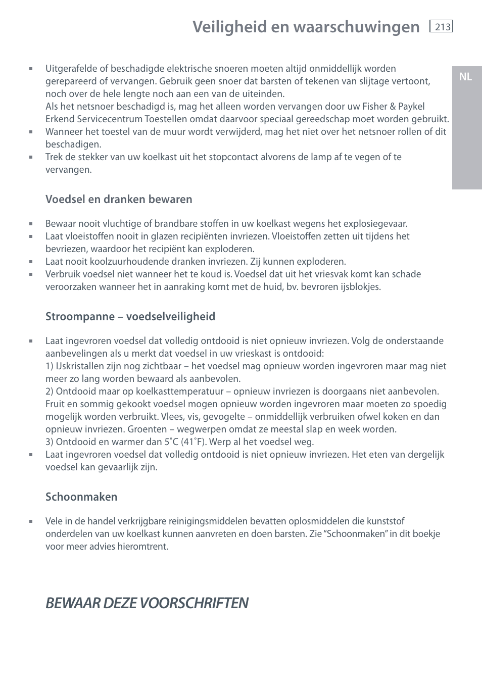 Veiligheid en waarschuwingen, Bewaar deze voorschriften | Fisher & Paykel E442B User Manual | Page 215 / 384