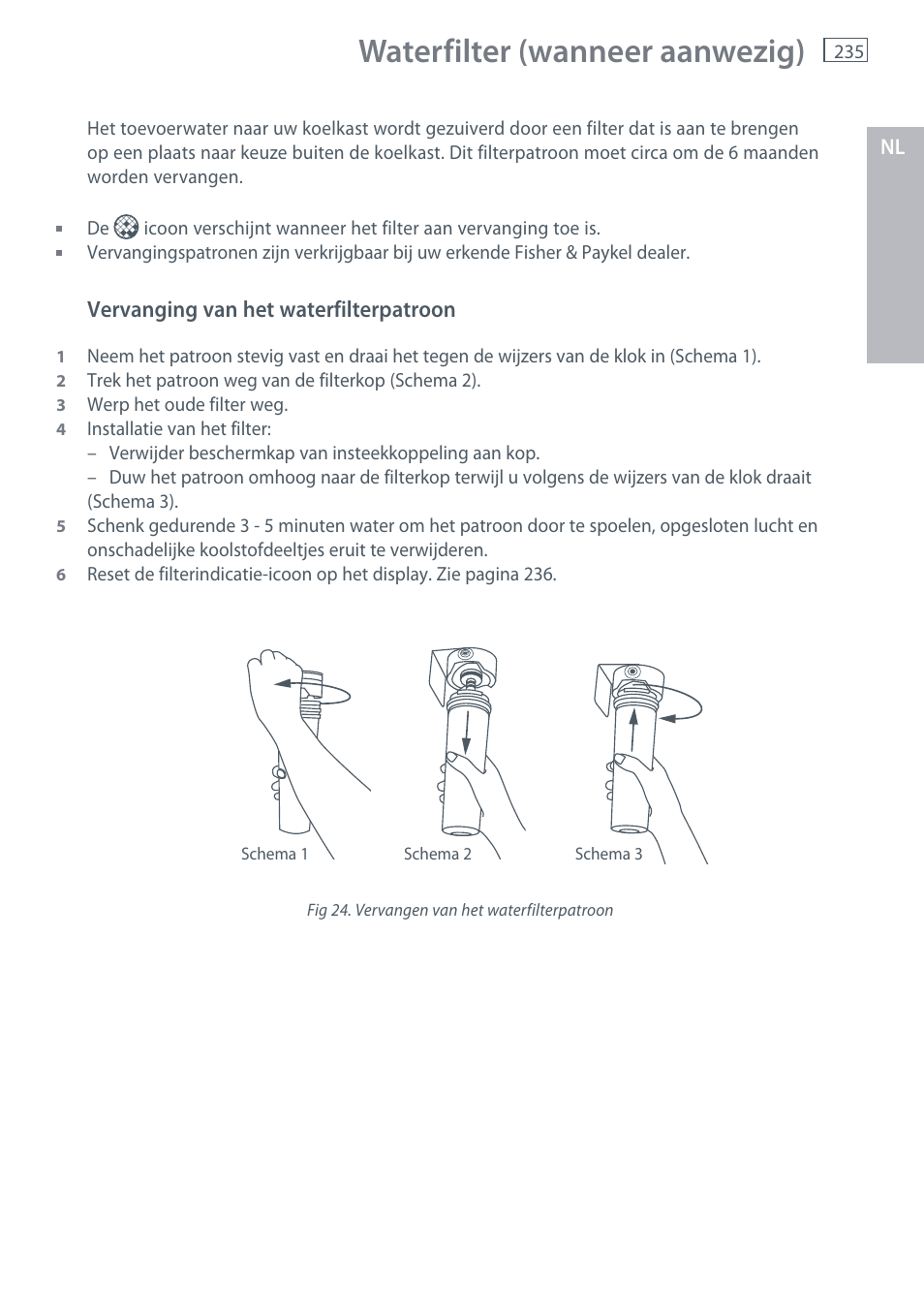 Waterfilter (wanneer aanwezig) | Fisher & Paykel E442B User Manual | Page 237 / 384