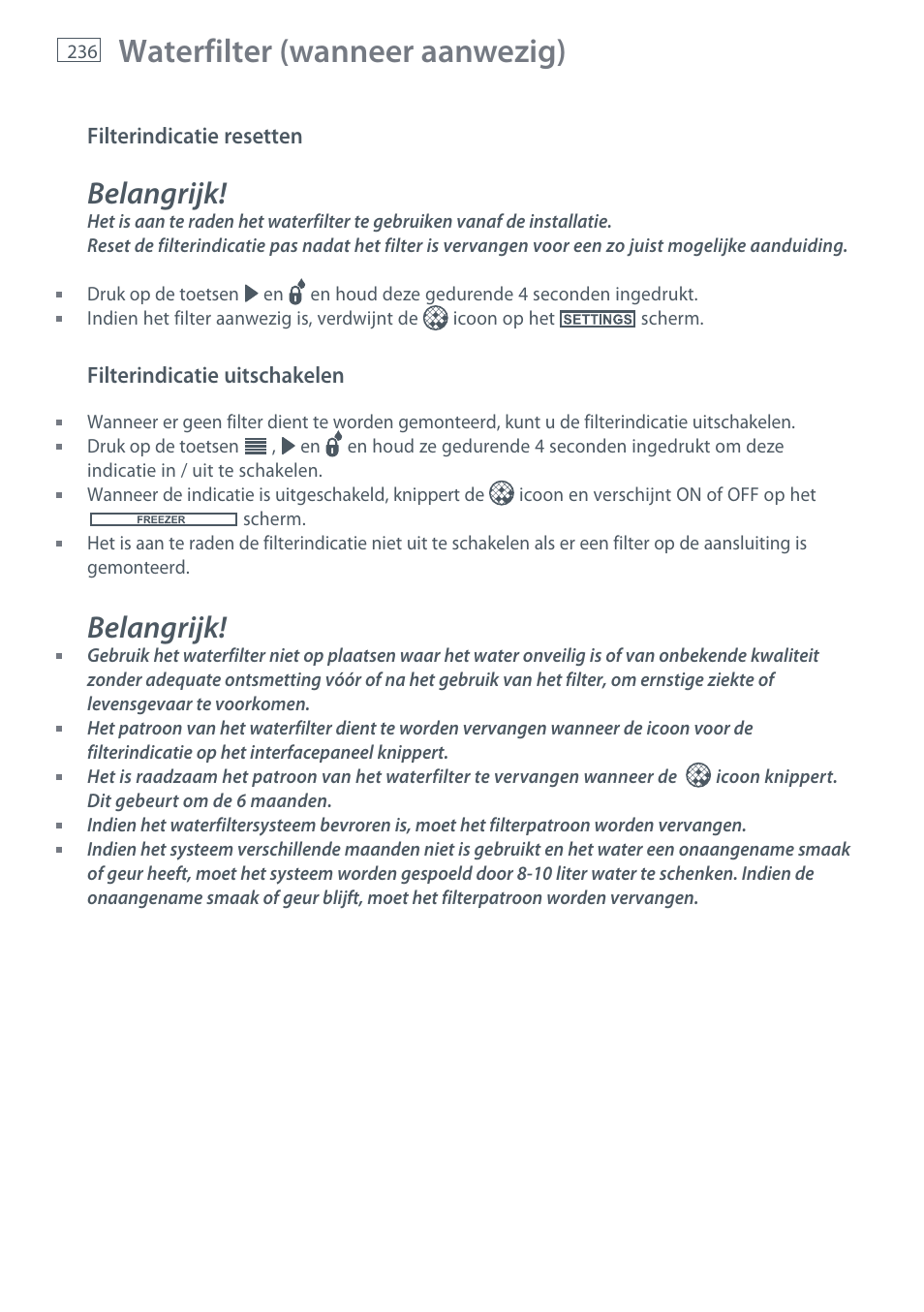 Waterfilter (wanneer aanwezig), Belangrijk | Fisher & Paykel E442B User Manual | Page 238 / 384