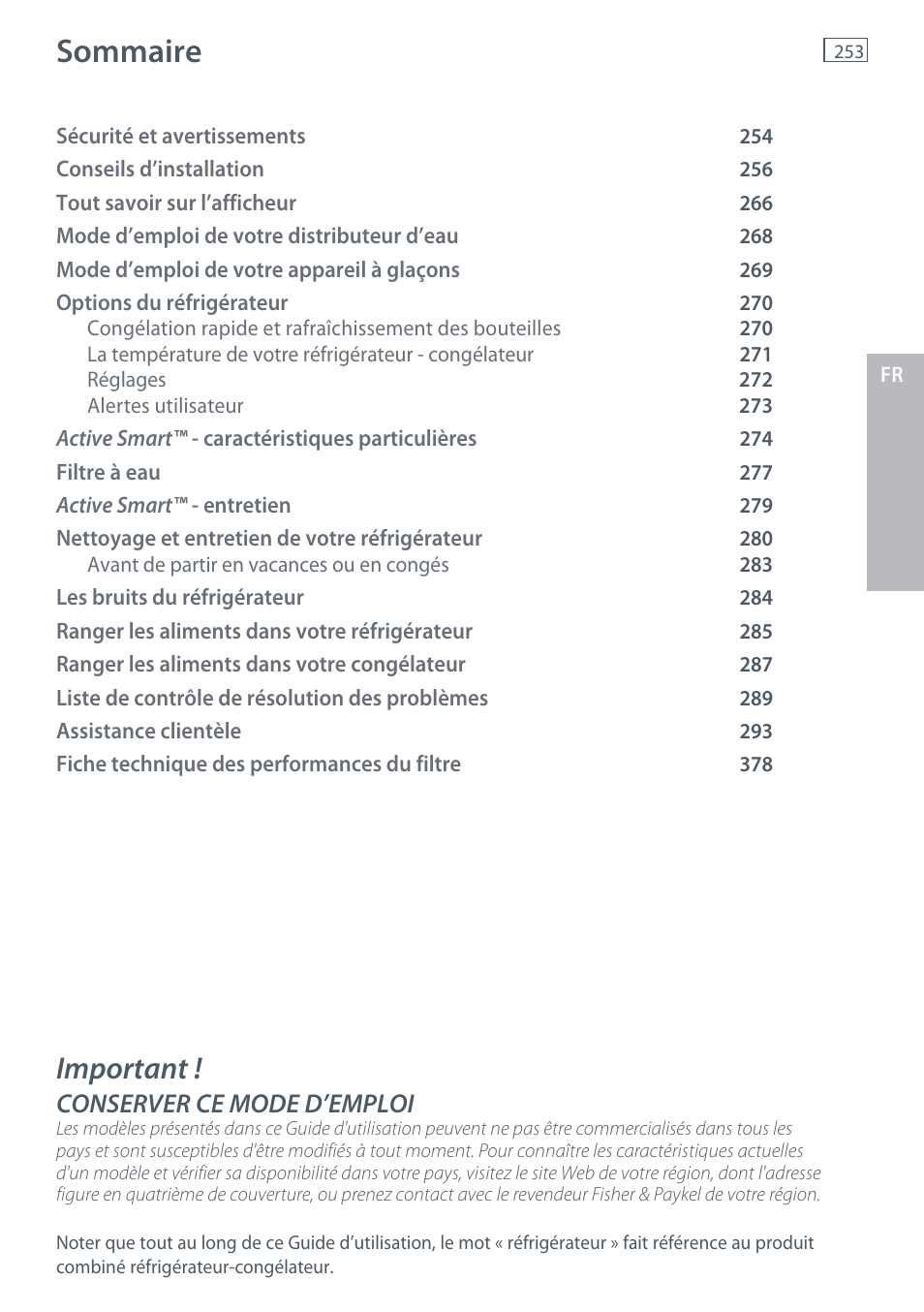 Sommaire, Important, Conserver ce mode d’emploi | Fisher & Paykel E442B User Manual | Page 255 / 384
