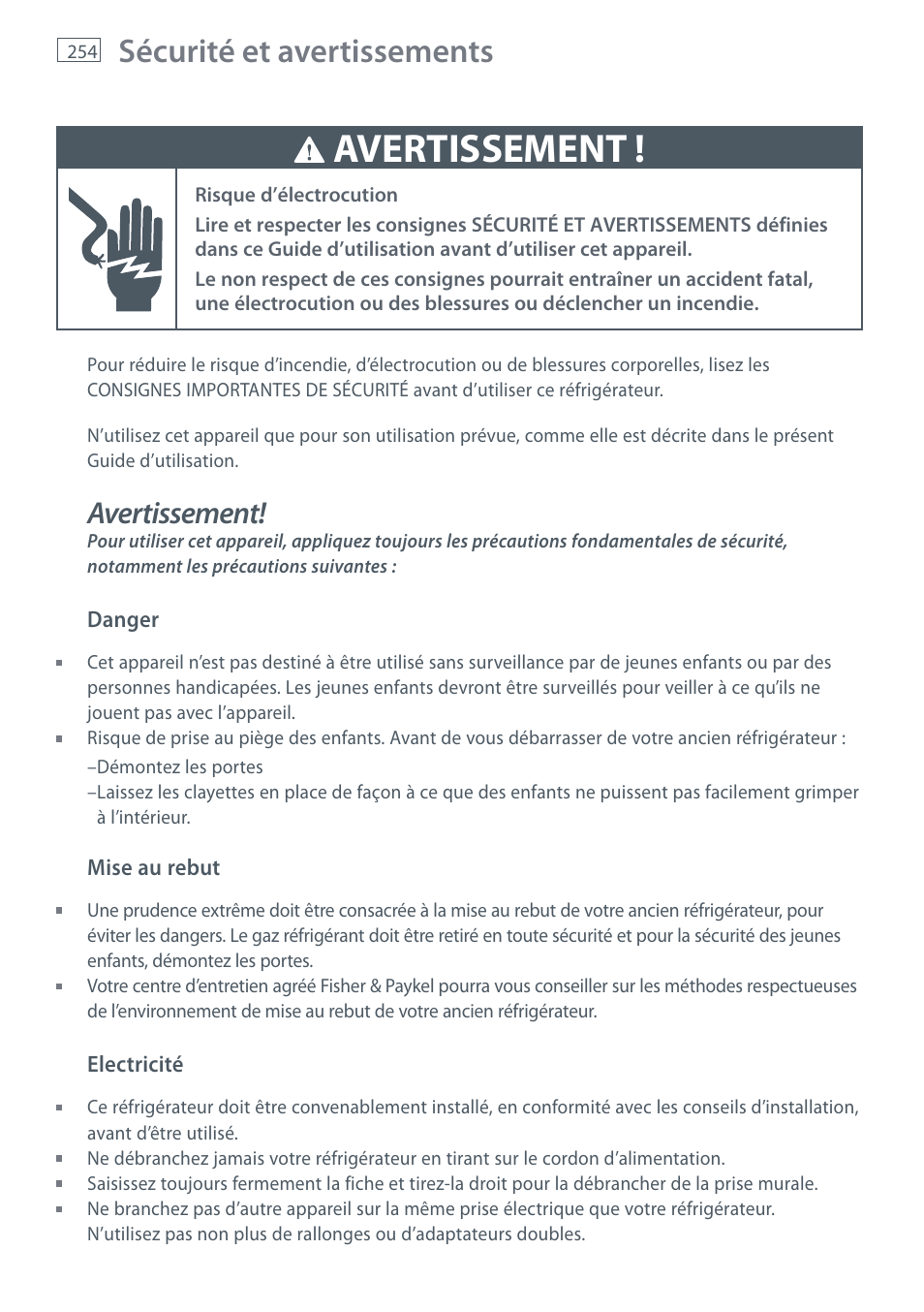 Avertissement, Sécurité et avertissements | Fisher & Paykel E442B User Manual | Page 256 / 384