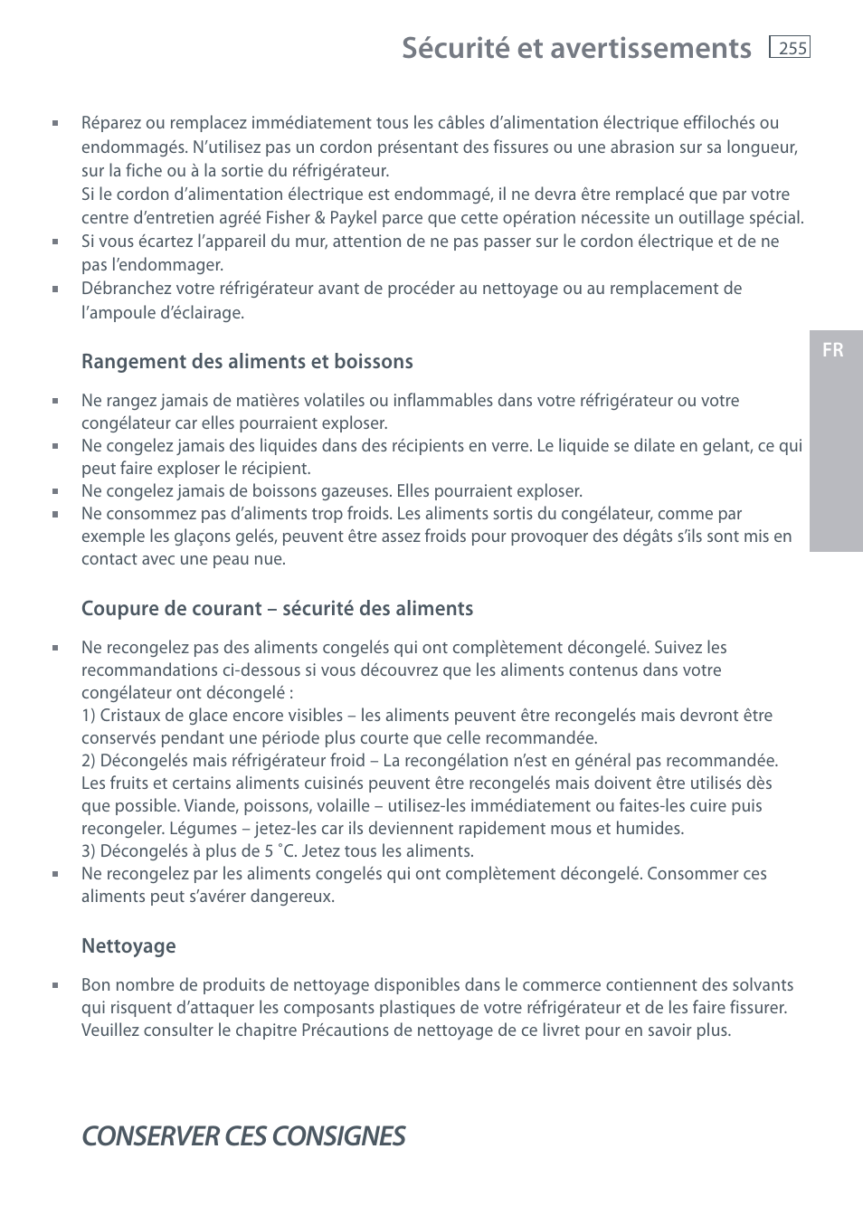 Sécurité et avertissements, Conserver ces consignes | Fisher & Paykel E442B User Manual | Page 257 / 384