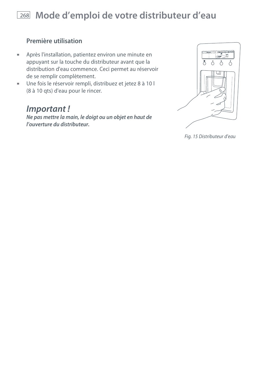 Mode d’emploi de votre distributeur d’eau, Important | Fisher & Paykel E442B User Manual | Page 270 / 384