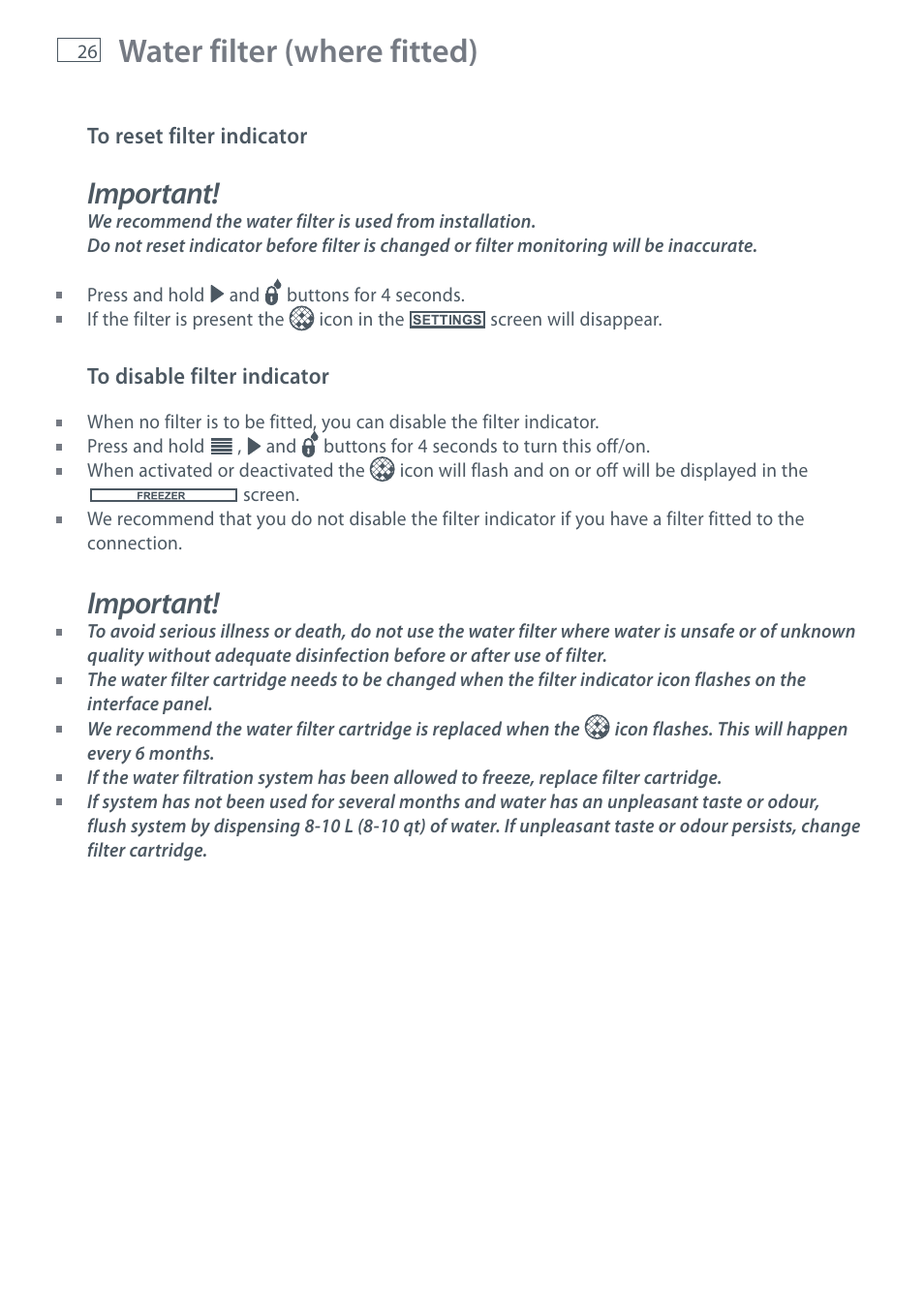 Water filter (where fitted), Important | Fisher & Paykel E442B User Manual | Page 28 / 384
