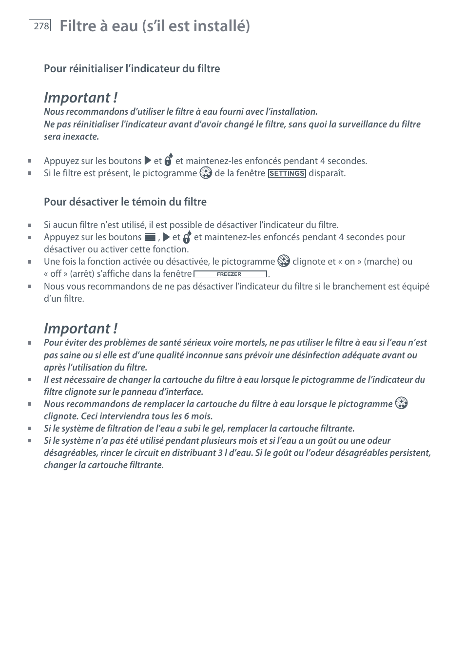 Filtre à eau (s’il est installé), Important | Fisher & Paykel E442B User Manual | Page 280 / 384