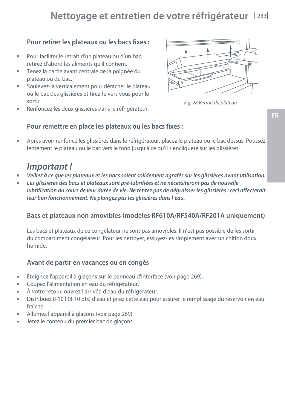 Nettoyage et entretien de votre réfrigérateur, Important | Fisher & Paykel E442B User Manual | Page 285 / 384
