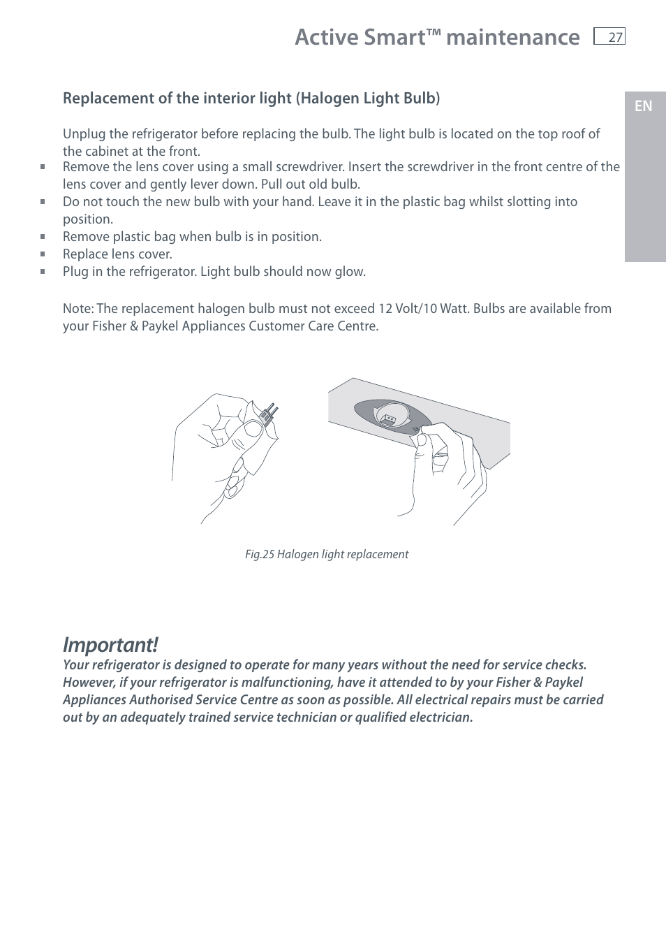 Active smart™ maintenance, Important | Fisher & Paykel E442B User Manual | Page 29 / 384
