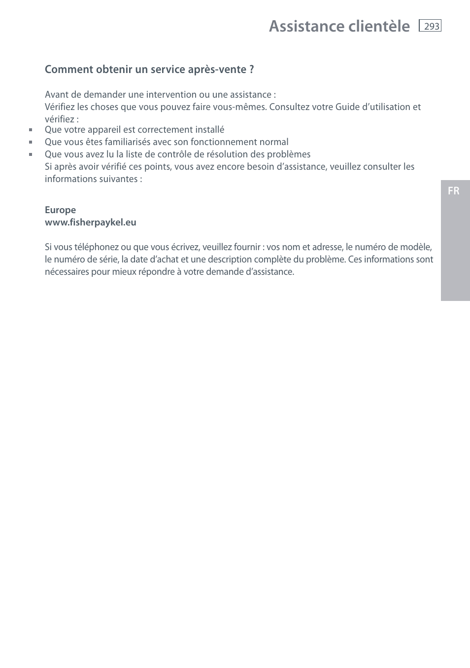 Assistance clientèle | Fisher & Paykel E442B User Manual | Page 295 / 384