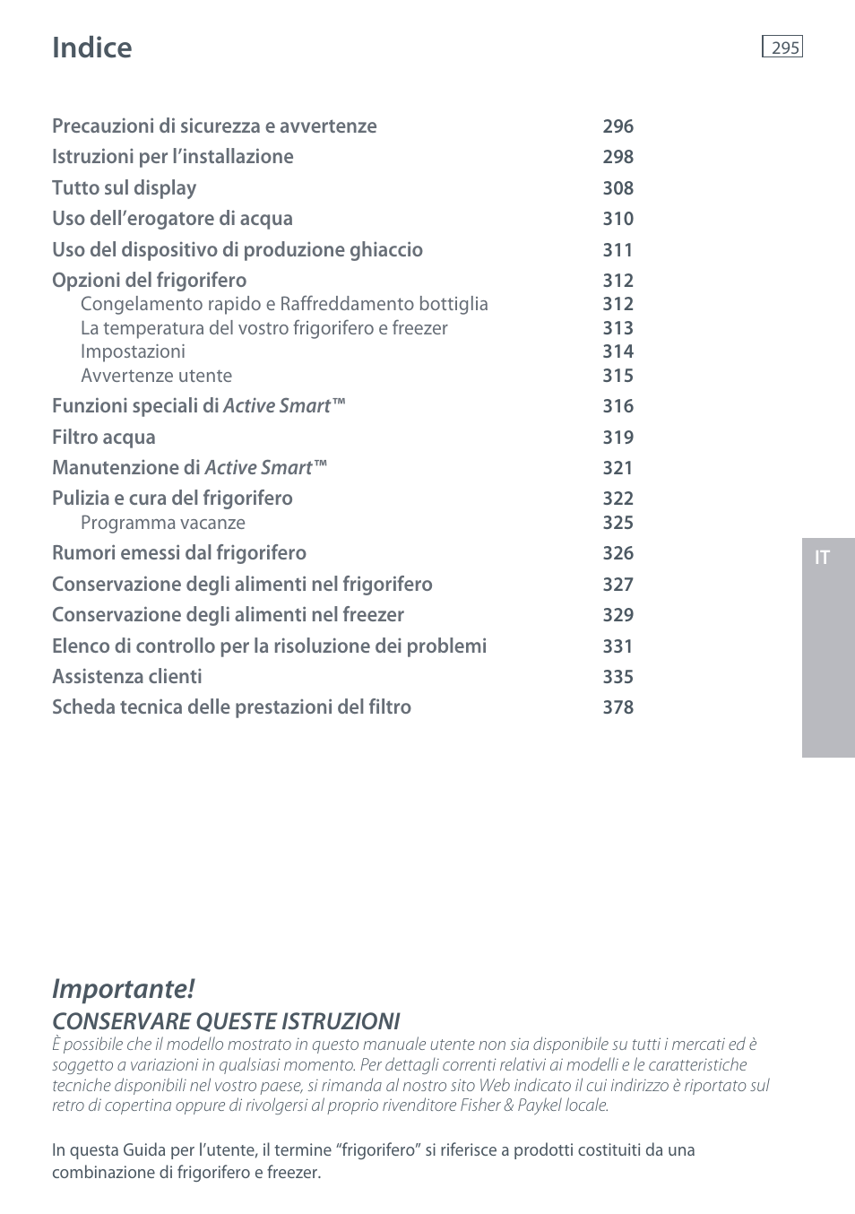 Indice, Importante, Conservare queste istruzioni | Fisher & Paykel E442B User Manual | Page 297 / 384