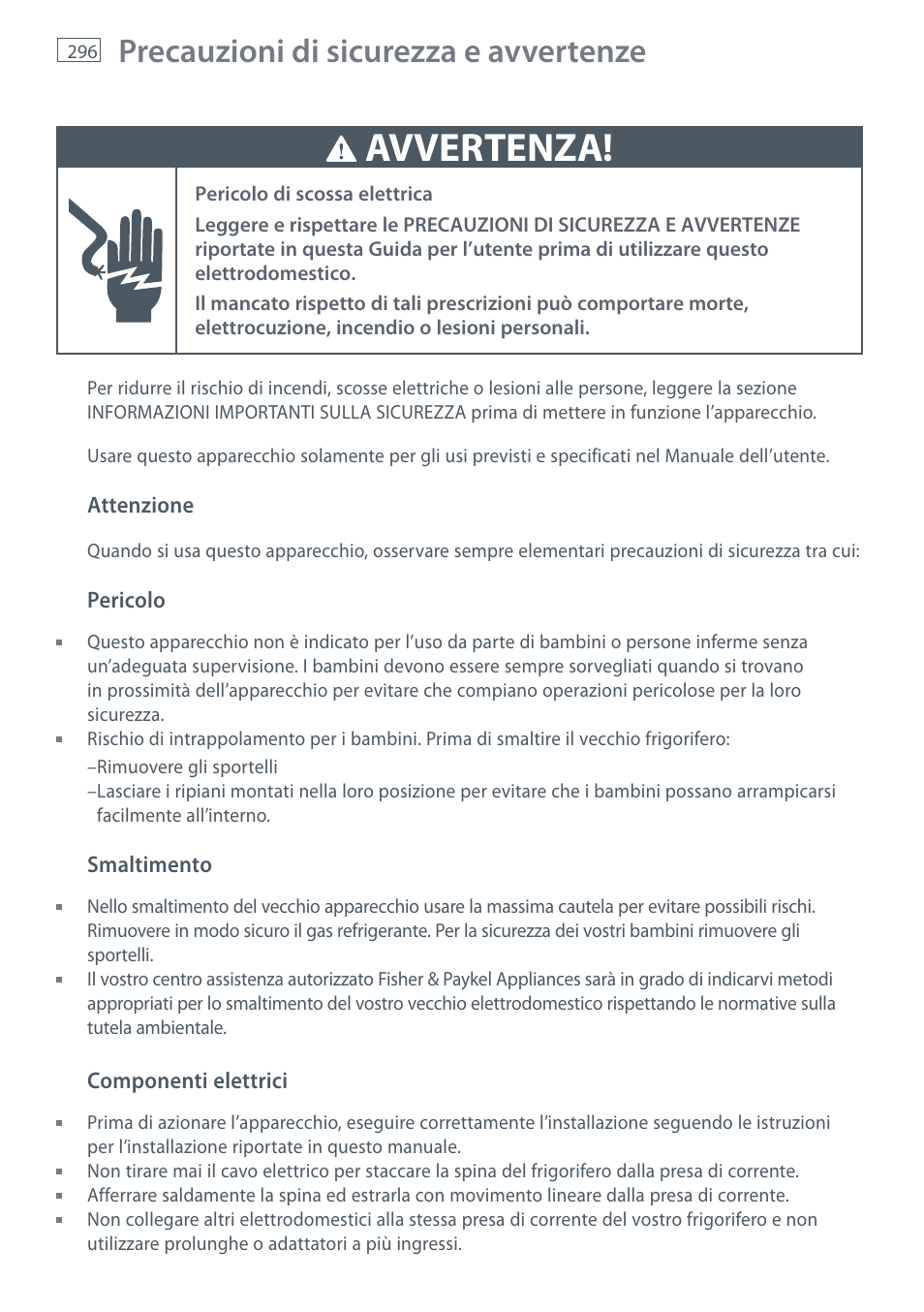 Avvertenza, Precauzioni di sicurezza e avvertenze | Fisher & Paykel E442B User Manual | Page 298 / 384