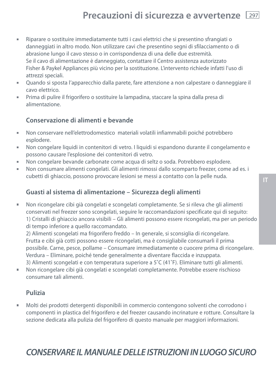 Precauzioni di sicurezza e avvertenze | Fisher & Paykel E442B User Manual | Page 299 / 384