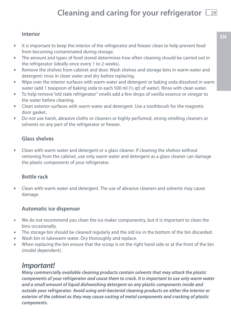 Cleaning and caring for your refrigerator, Important | Fisher & Paykel E442B User Manual | Page 31 / 384