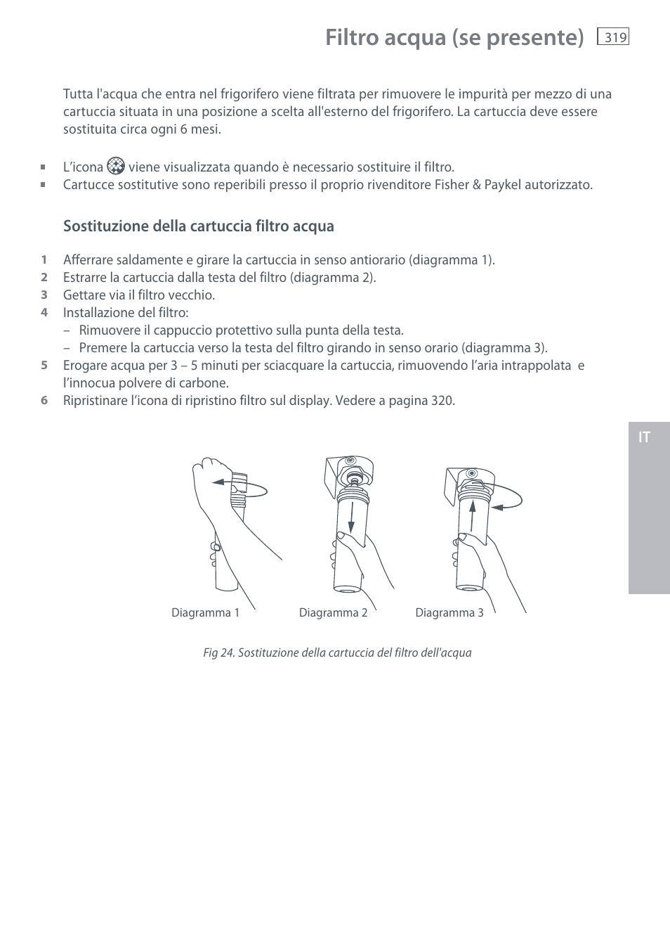 Filtro acqua (se presente) | Fisher & Paykel E442B User Manual | Page 321 / 384
