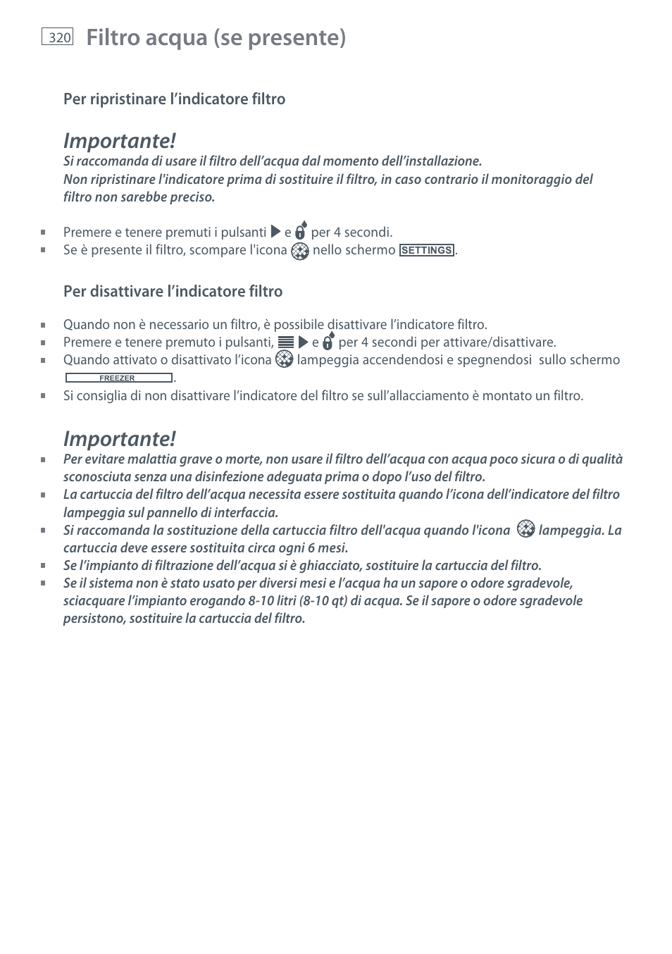 Filtro acqua (se presente), Importante | Fisher & Paykel E442B User Manual | Page 322 / 384