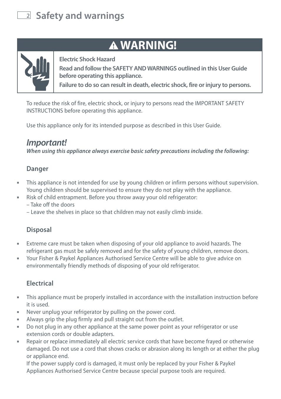 Warning, Safety and warnings, Important | Fisher & Paykel E442B User Manual | Page 4 / 384