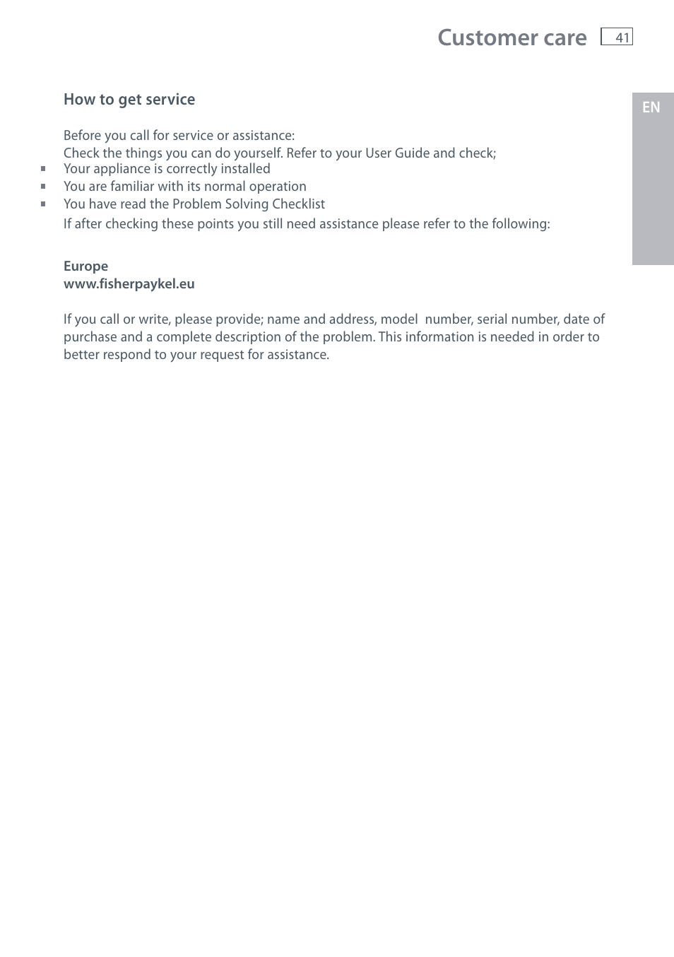 Customer care | Fisher & Paykel E442B User Manual | Page 43 / 384