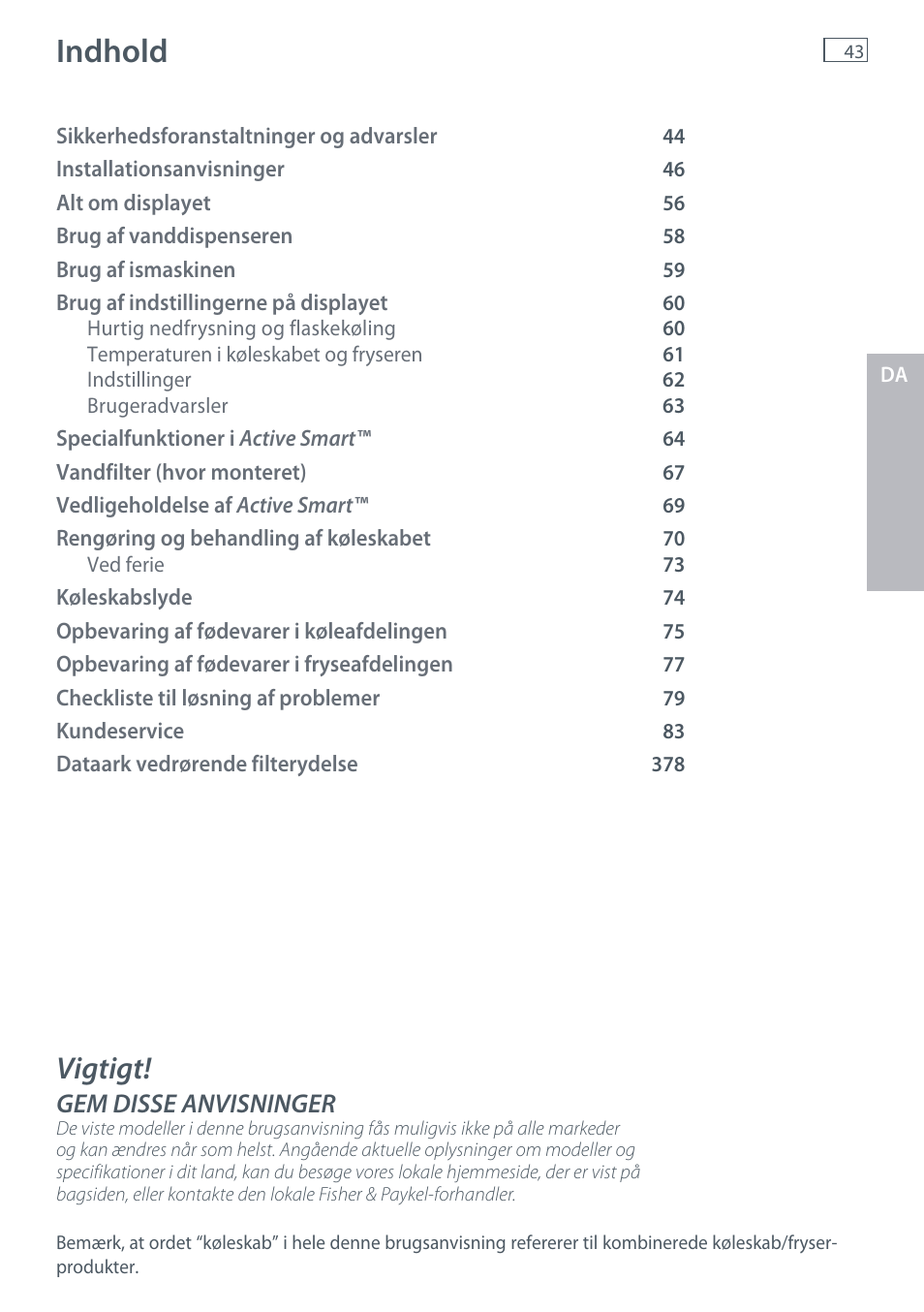 Indhold, Vigtigt, Gem disse anvisninger | Fisher & Paykel E442B User Manual | Page 45 / 384