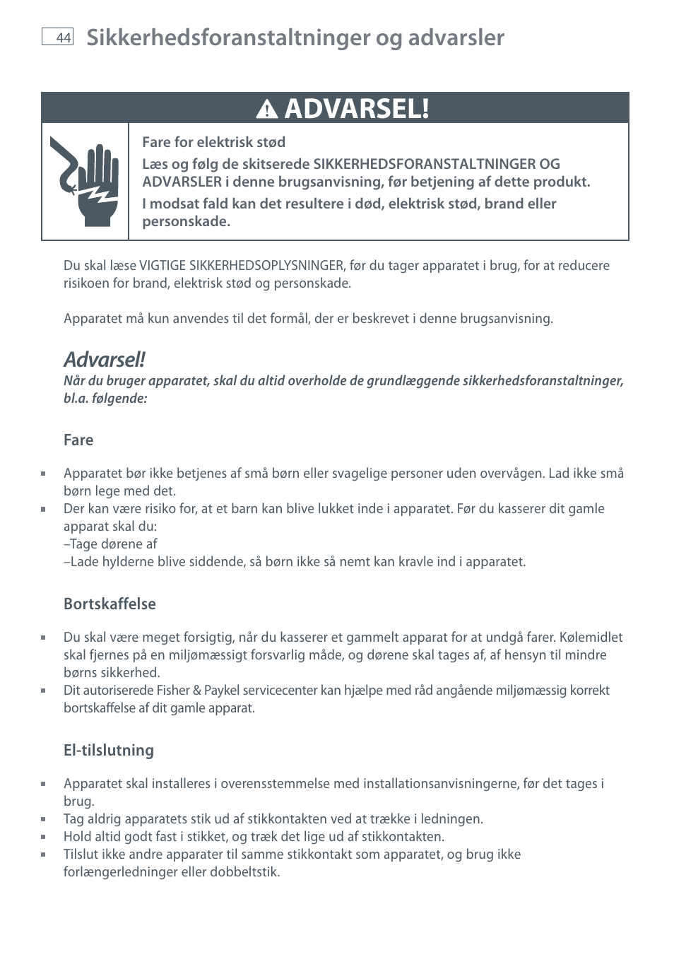 Advarsel, Sikkerhedsforanstaltninger og advarsler | Fisher & Paykel E442B User Manual | Page 46 / 384