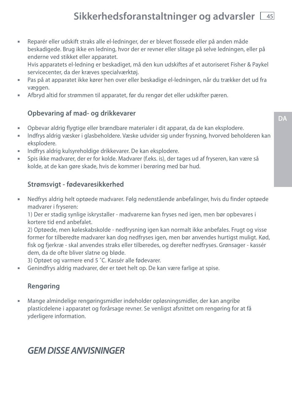 Sikkerhedsforanstaltninger og advarsler, Gem disse anvisninger | Fisher & Paykel E442B User Manual | Page 47 / 384