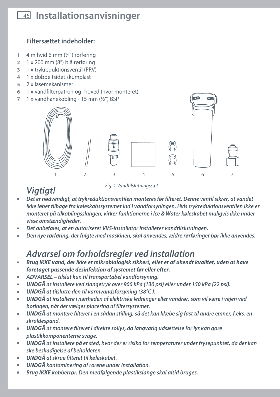 Installationsanvisninger, Vigtigt, Advarsel om forholdsregler ved installation | Fisher & Paykel E442B User Manual | Page 48 / 384