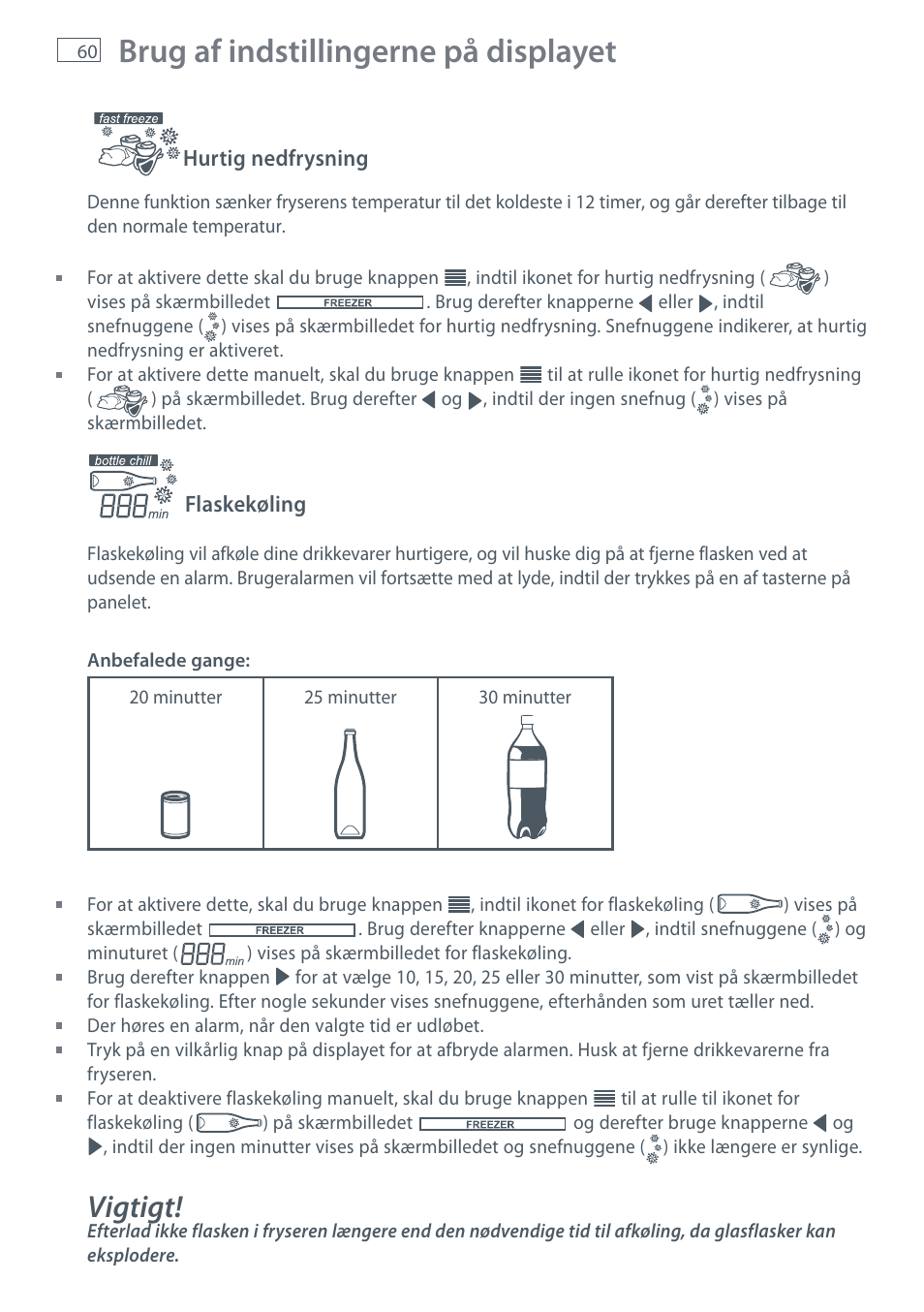 Brug af indstillingerne på displayet, Vigtigt | Fisher & Paykel E442B User Manual | Page 62 / 384