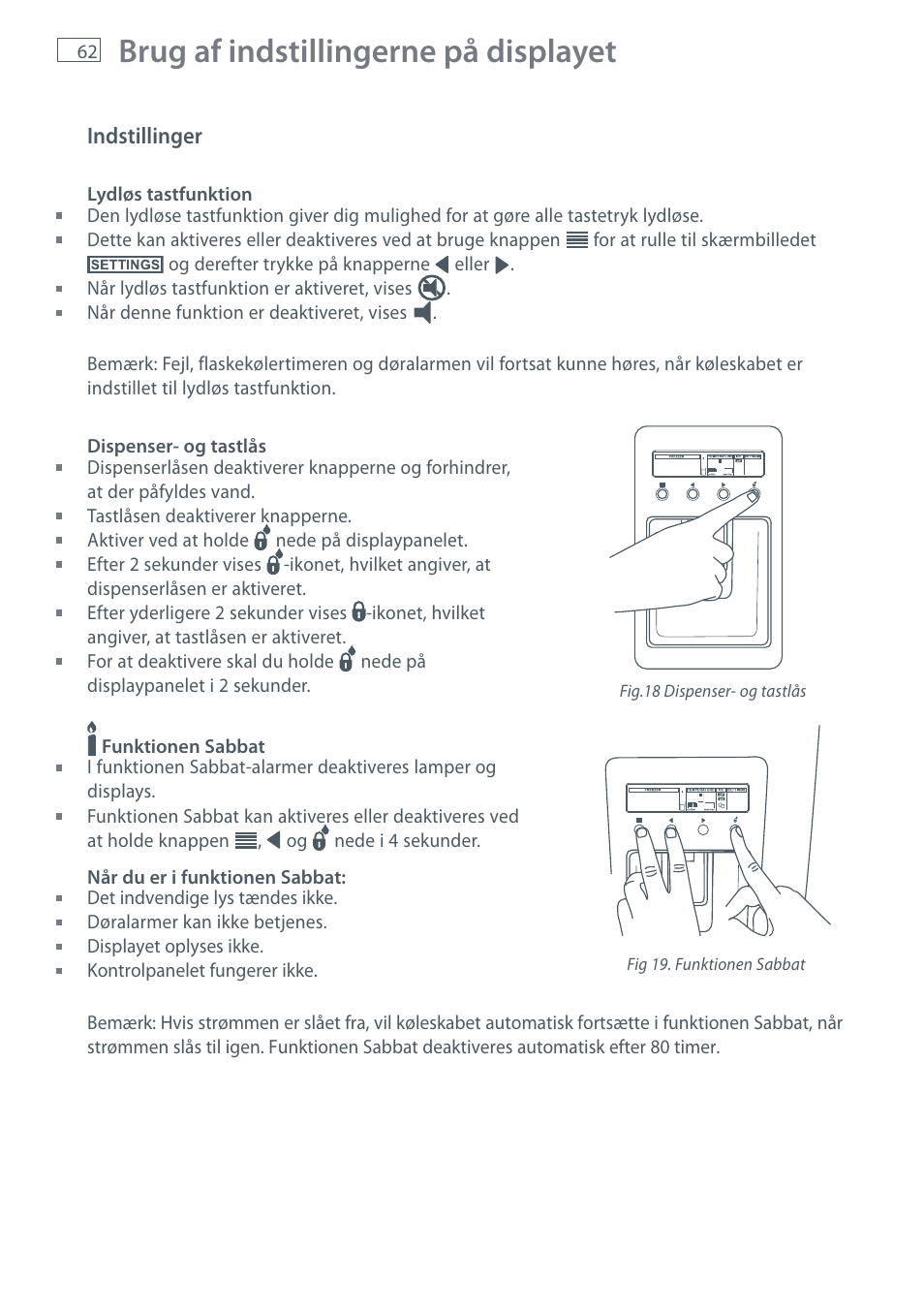 Brug af indstillingerne på displayet | Fisher & Paykel E442B User Manual | Page 64 / 384