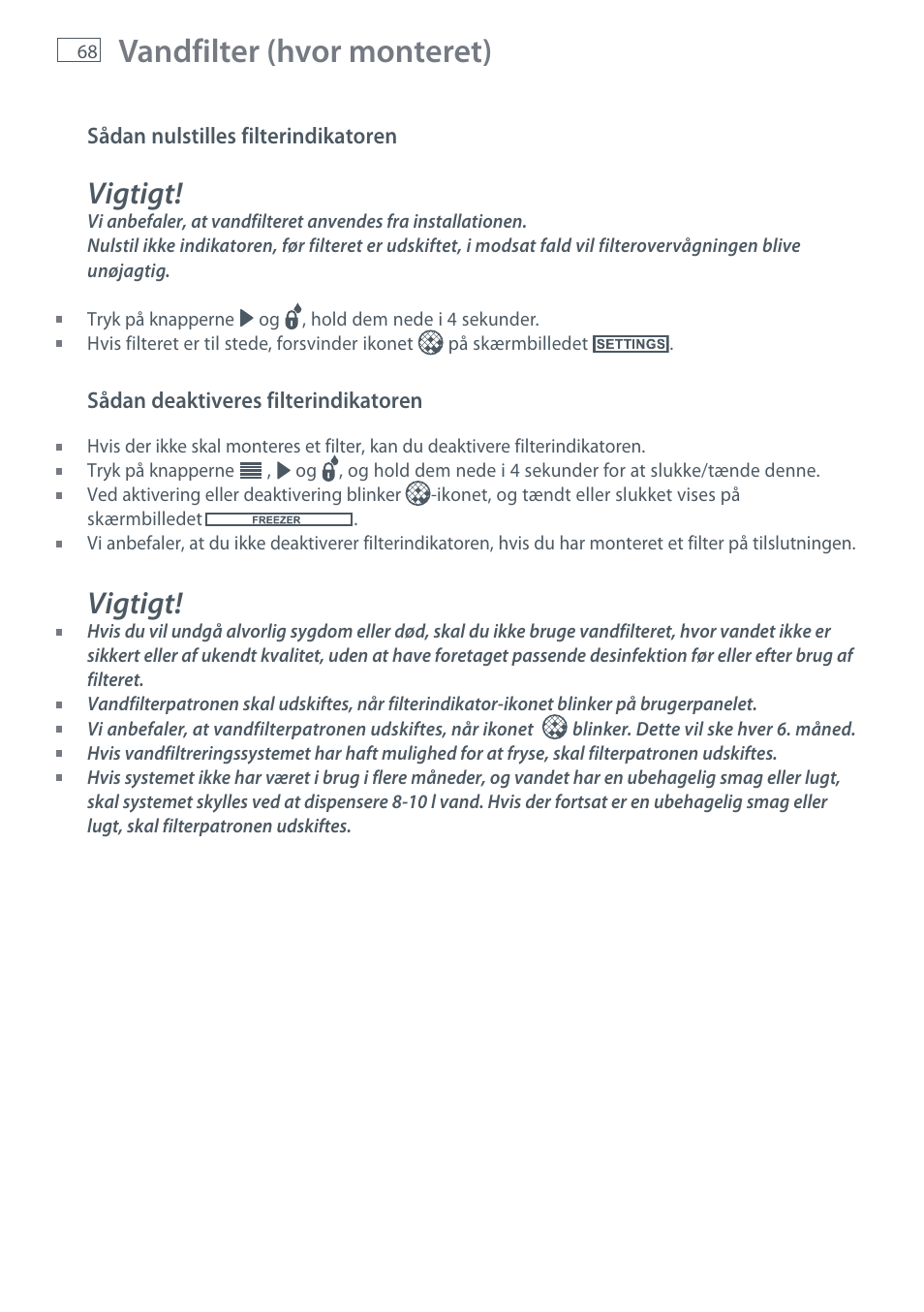 Vandfilter (hvor monteret), Vigtigt | Fisher & Paykel E442B User Manual | Page 70 / 384